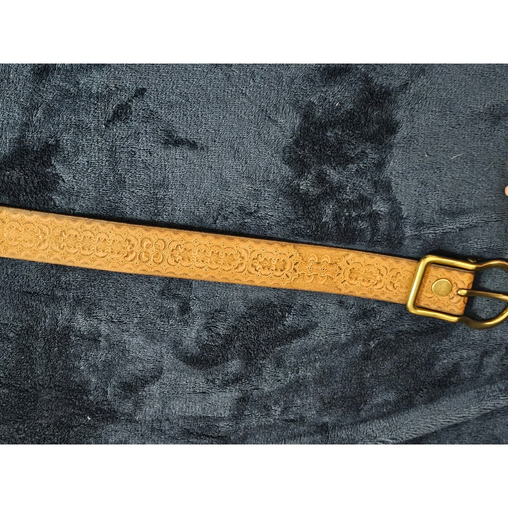 Eddie Bauer Mens Brown Embossed Italian Leather Belt Brass Buckle Size M USA